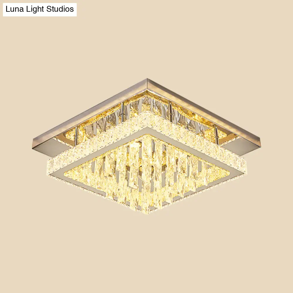 Modern Led Flush Mount Ceiling Light - Chrome Square Frame With Clear Crystal & Waterfall Design