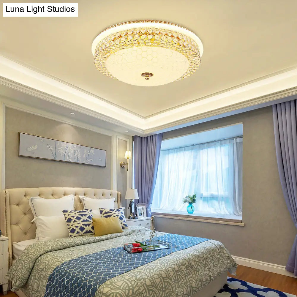 Modern Led Flush Mount Ceiling Light Clear Crystal Round Lamp With Frosted Glass Diffuser In Gold