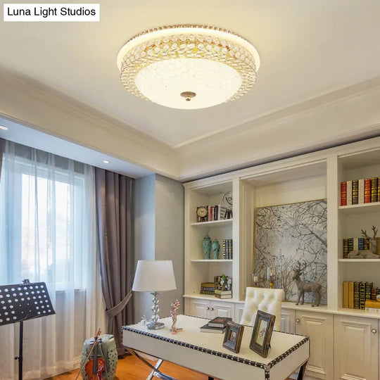 Modern Led Flush Mount Ceiling Light Clear Crystal Round Lamp With Frosted Glass Diffuser In Gold