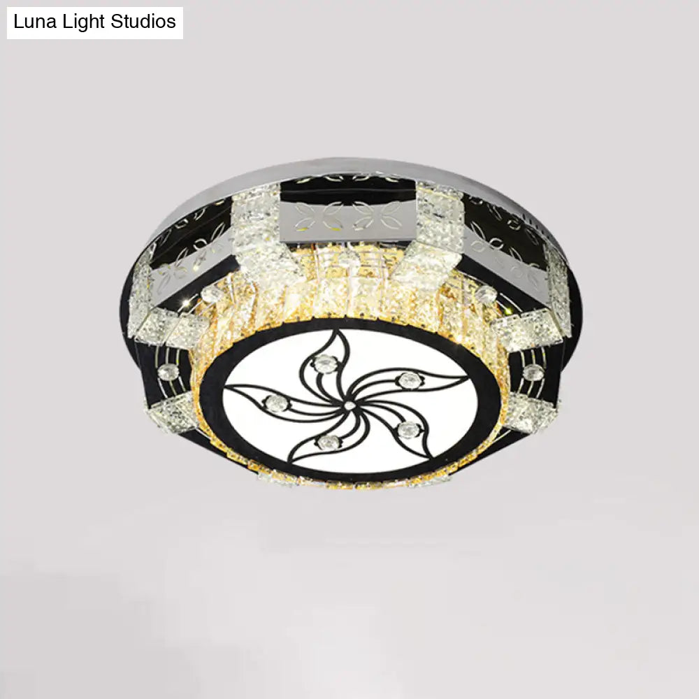 Modern Led Flush Mount Ceiling Light Fixture With Crystal Block Drum Shade In Nickel - Flower/Four