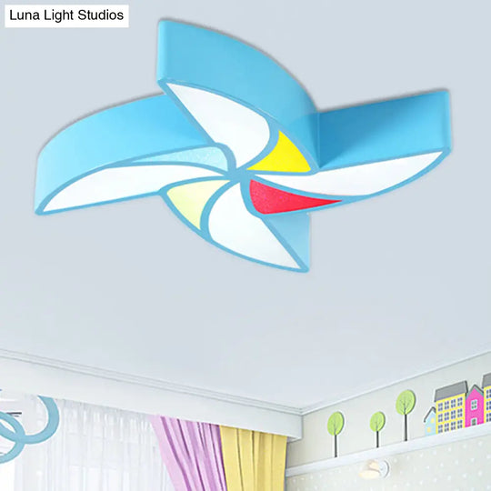 Modern Led Flush Mount Ceiling Light For Childs Bedroom - Toy Windmill Design Blue
