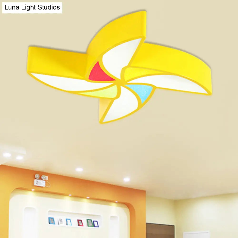 Modern Led Flush Mount Ceiling Light For Childs Bedroom - Toy Windmill Design Yellow