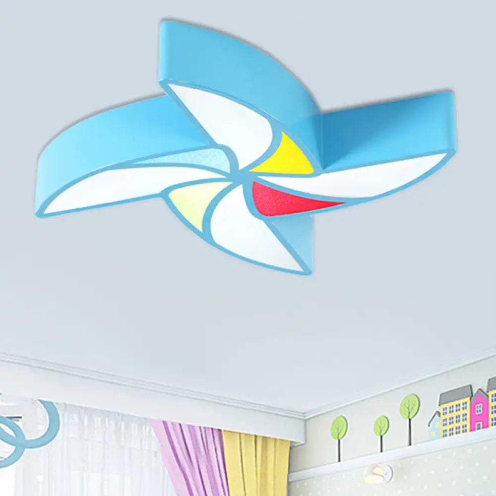 Modern Led Flush Mount Ceiling Light For Child’s Bedroom - Toy Windmill Design Blue