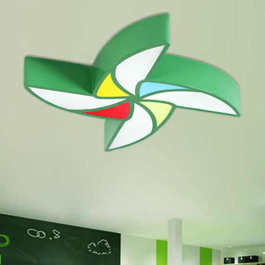 Modern Led Flush Mount Ceiling Light For Child’s Bedroom - Toy Windmill Design Green