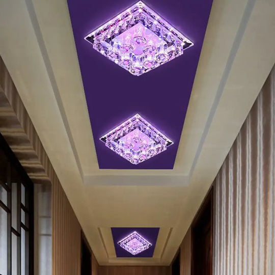 Modern Led Flush Mount Ceiling Light For Hallway In Crystal Square Shape Purple / Multi Color