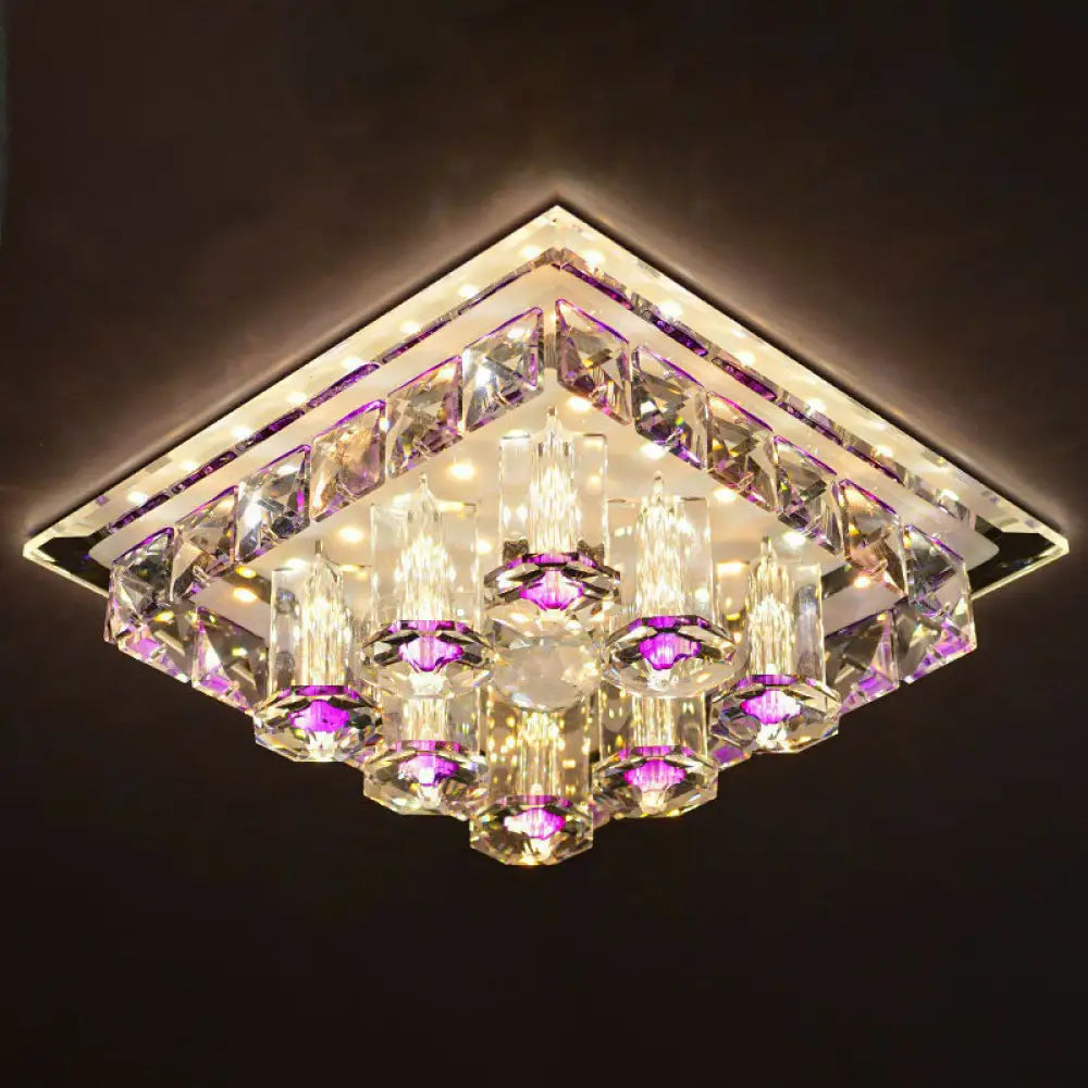 Modern Led Flush Mount Ceiling Light For Hallway In Crystal Square Shape Purple / Warm