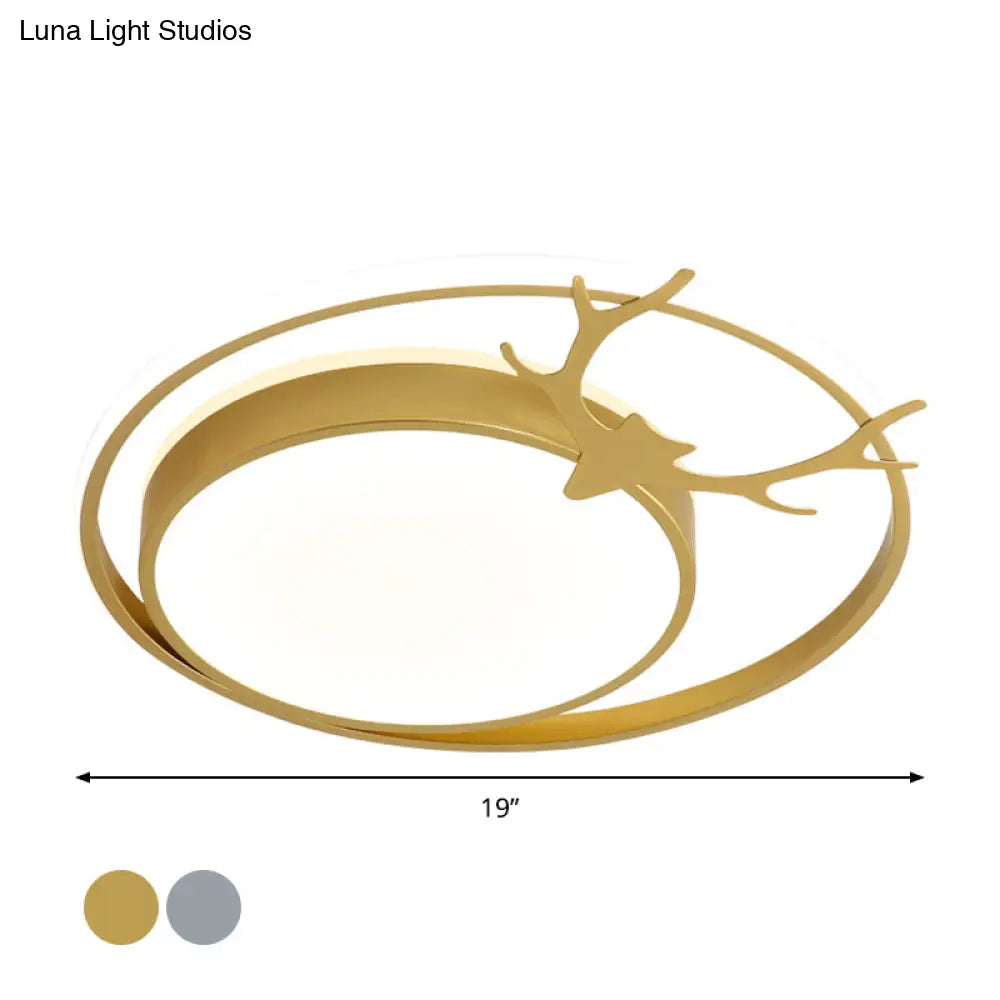 Modern Led Flush Mount Ceiling Light - Grey/Gold With Antler Design