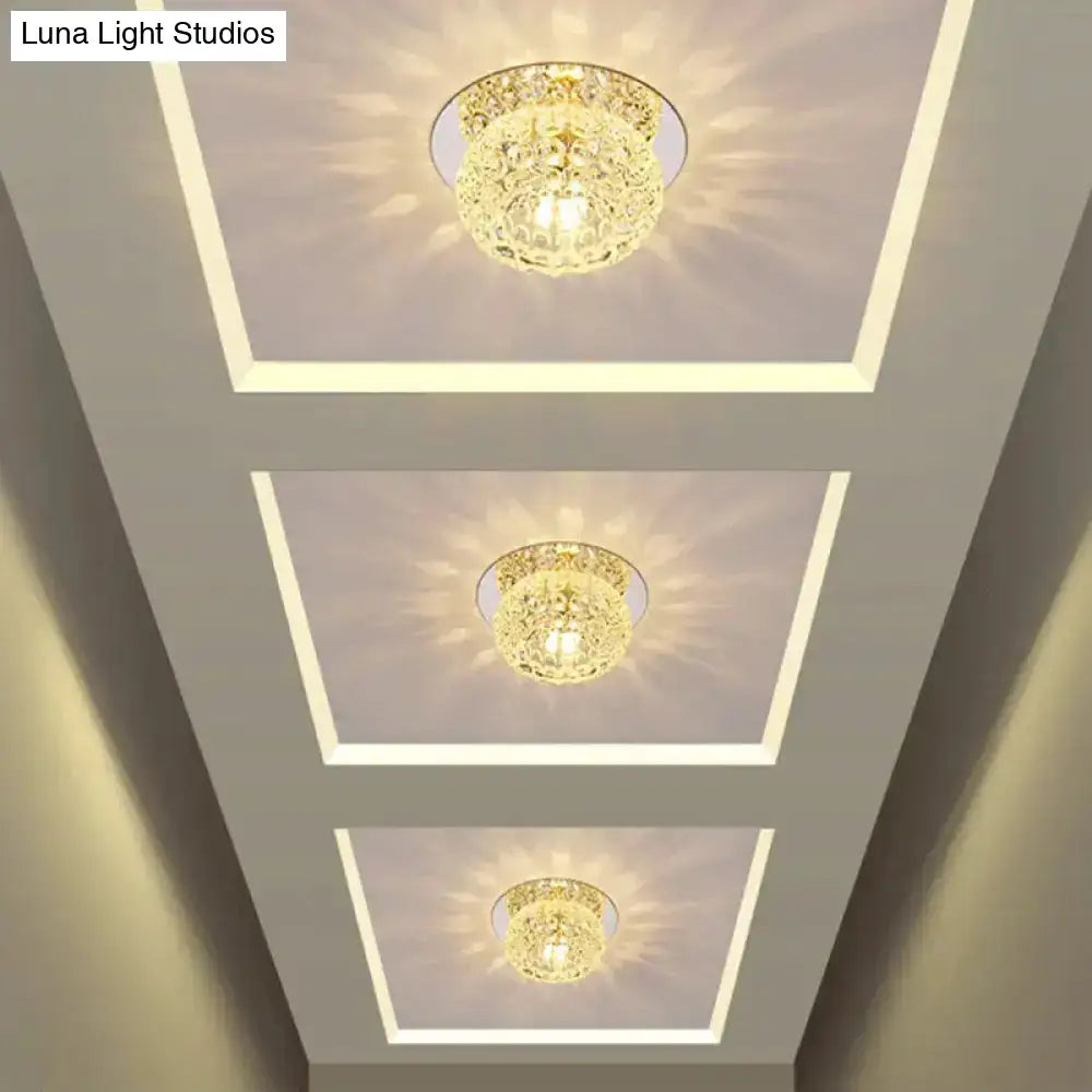 Modern Led Flush Mount Ceiling Light In Chrome - Clear Crystal Round Design For Corridor