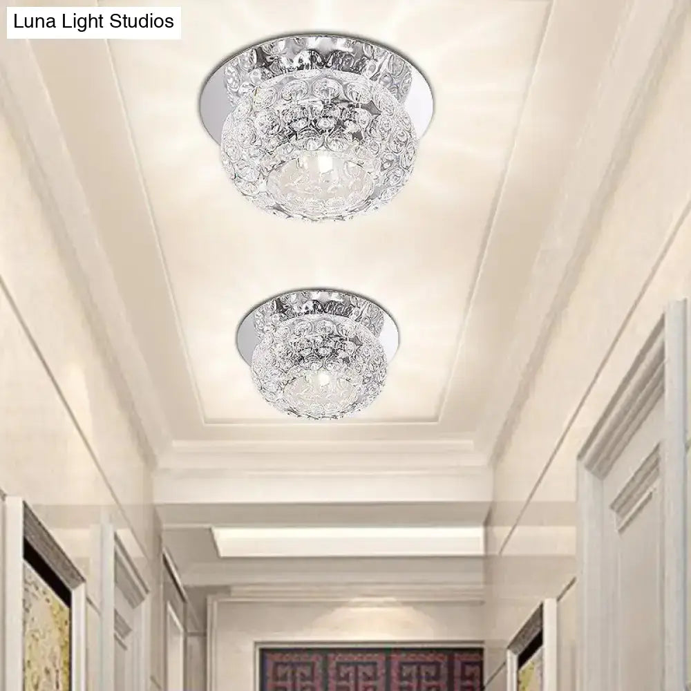 Modern Led Flush Mount Ceiling Light In Chrome - Clear Crystal Round Design For Corridor