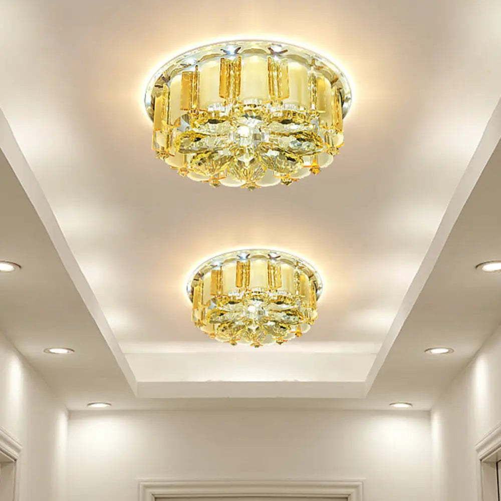 Modern Led Flush Mount Ceiling Light With Amber Crystal Flower Design