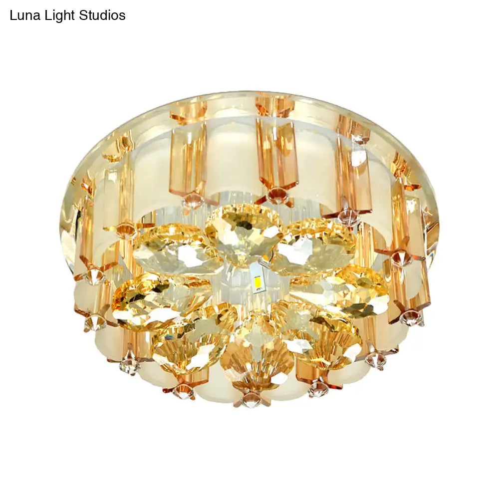 Modern Led Flush Mount Ceiling Light With Amber Crystal Flower Design