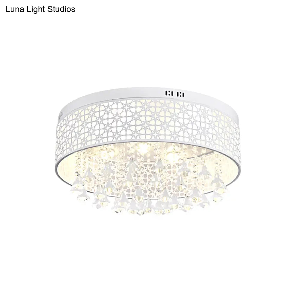 Modern Led Flush Mount Ceiling Light With Crystal Droplet - White Drum Design