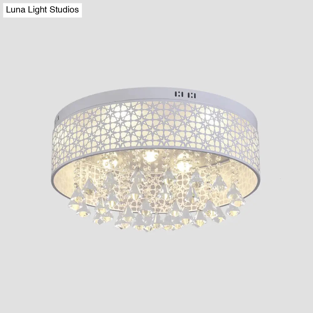 Modern Led Flush Mount Ceiling Light With Crystal Droplet - White Drum Design