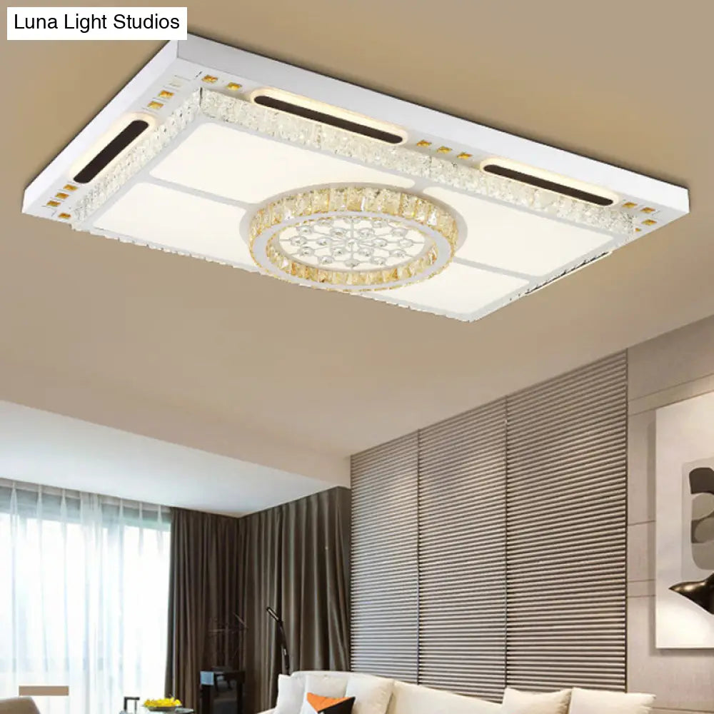 Modern Led Flush Mount Ceiling Light With Crystal Shade - White Rectangle Fixture