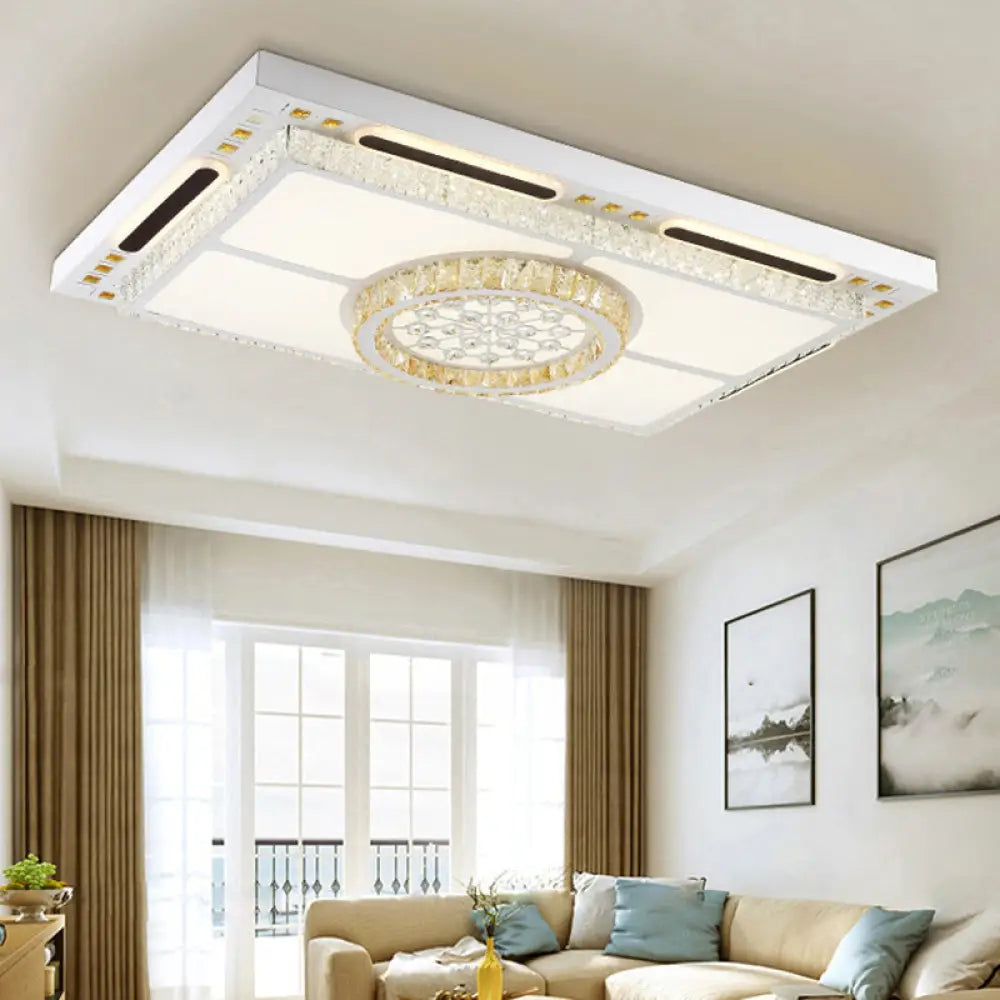 Modern Led Flush Mount Ceiling Light With Crystal Shade - White Rectangle Fixture