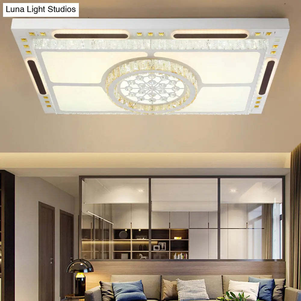 Modern Led Flush Mount Ceiling Light With Crystal Shade - White Rectangle Fixture