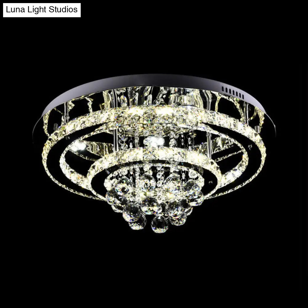 Modern Led Flush Mount Ceiling Light With Dual Crystal Frame In Chrome - Ideal For Bedrooms