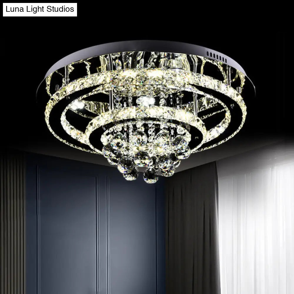 Modern Led Flush Mount Ceiling Light With Dual Crystal Frame In Chrome - Ideal For Bedrooms