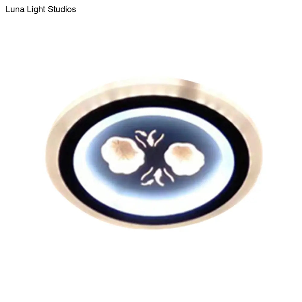 Modern Led Flush Mount Fixture: Black Square/Round Acrylic Lamp With Flower Pattern - Ideal For