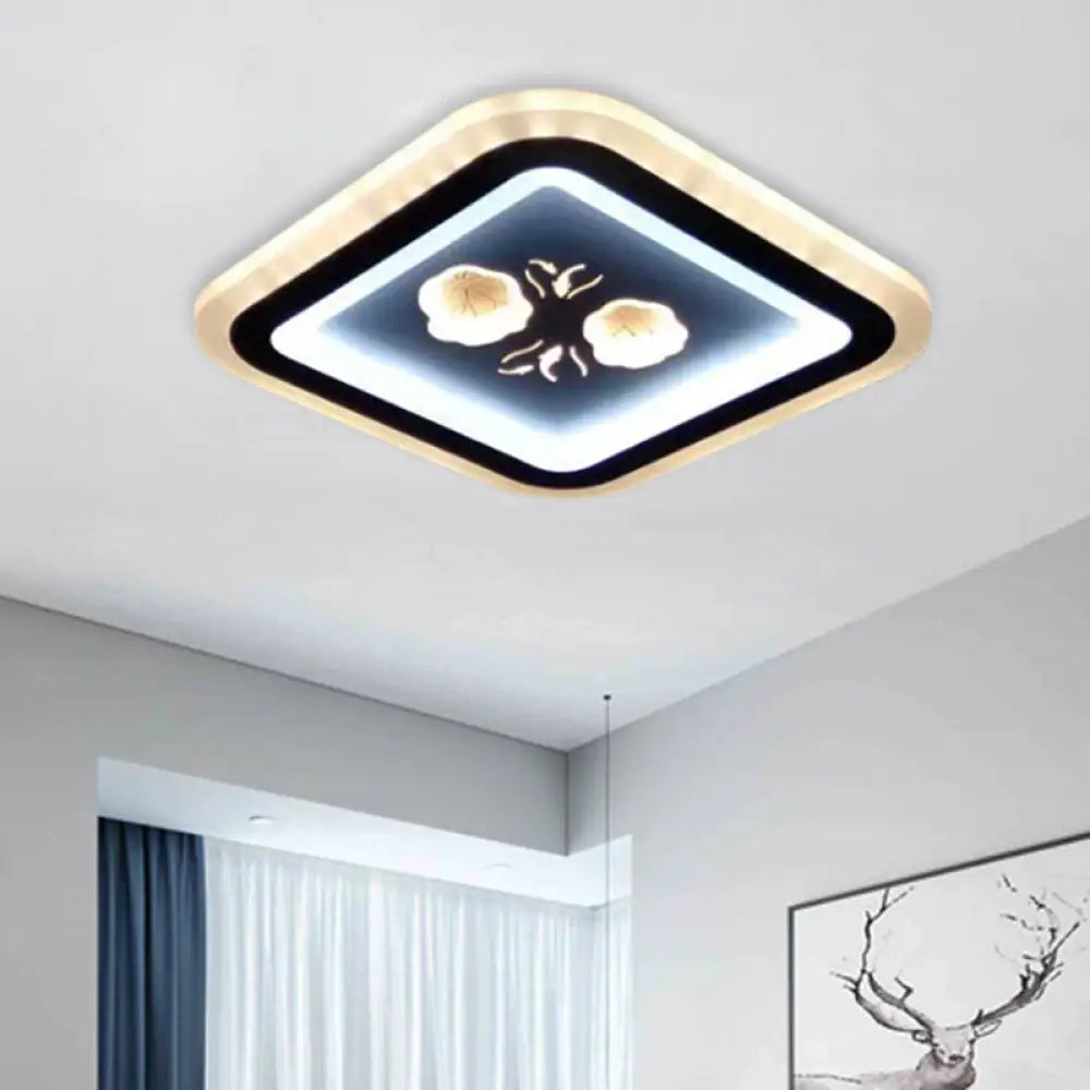 Modern Led Flush Mount Fixture: Black Square/Round Acrylic Lamp With Flower Pattern - Ideal For