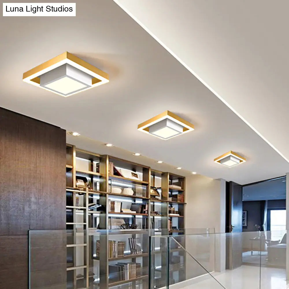 Modern Led Flush Mount For Hall With Dual Square Design Acrylic Shade And Black/Gold/Coffee Finish.