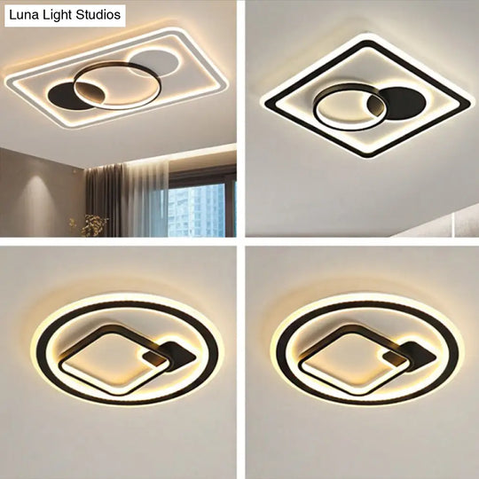 Modern Led Flush Mount Lamp In Black - Round/Square Hotel Ceiling Fixture Aluminum Design With