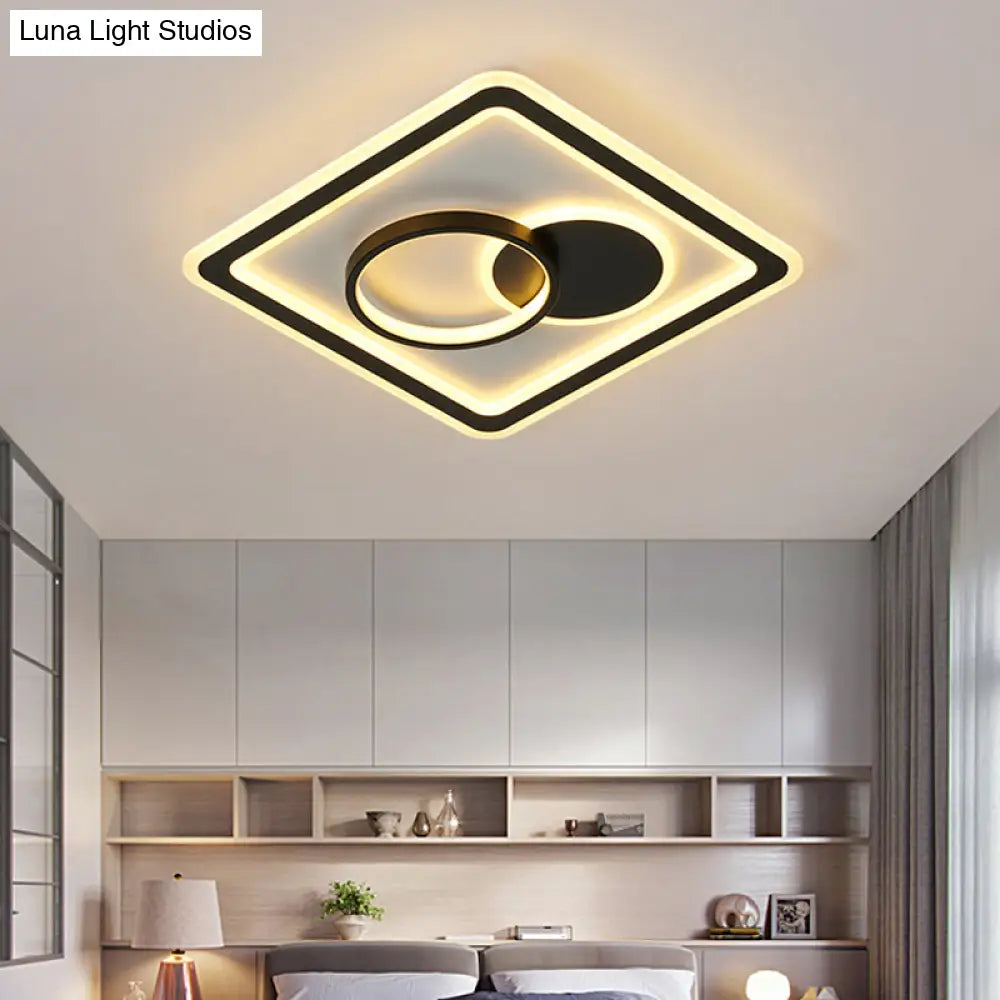 Modern Led Flush Mount Lamp In Black - Round/Square Hotel Ceiling Fixture Aluminum Design With