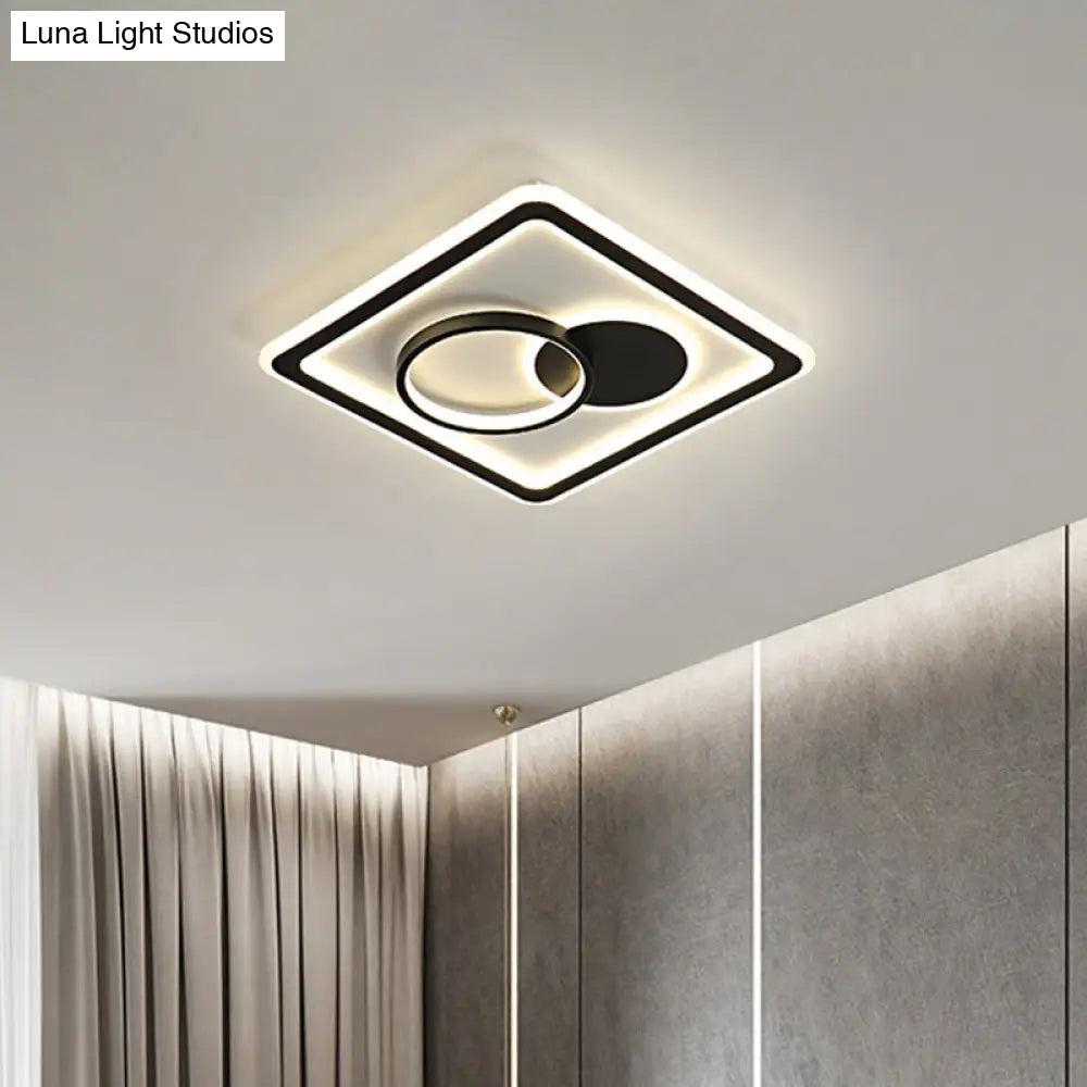 Modern Led Flush Mount Lamp In Black - Round/Square Hotel Ceiling Fixture Aluminum Design With