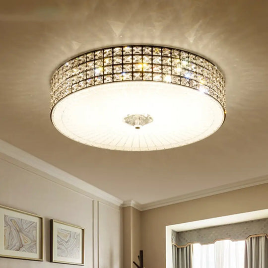 Modern Led Flush Mount Lamp With Clear Crystal Drum Shade - 16’/19.5’ Width Bedchamber Ceiling