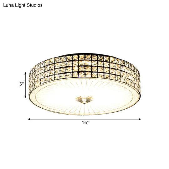 Modern Led Flush Mount Lamp With Clear Crystal Drum Shade - 16/19.5 Width Bedchamber Ceiling Light