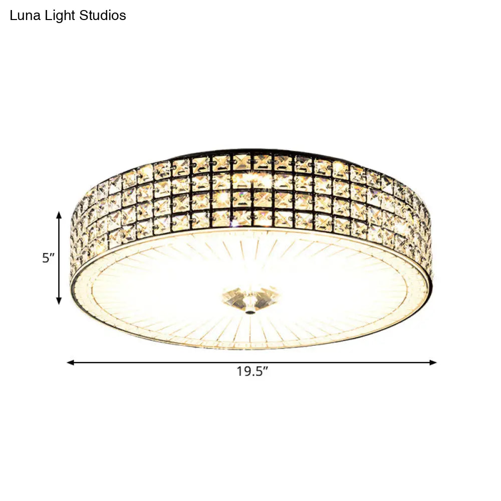 Modern Led Flush Mount Lamp With Clear Crystal Drum Shade - 16/19.5 Width Bedchamber Ceiling Light