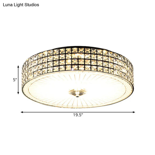Modern Led Flush Mount Lamp With Clear Crystal Drum Shade - 16/19.5 Width Bedchamber Ceiling Light