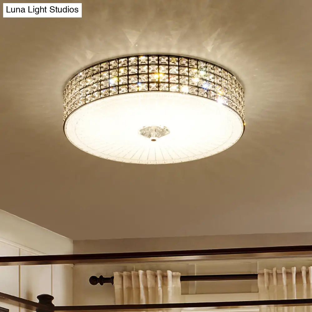 Modern Led Flush Mount Lamp With Clear Crystal Drum Shade - 16’/19.5’ Width Bedchamber Ceiling