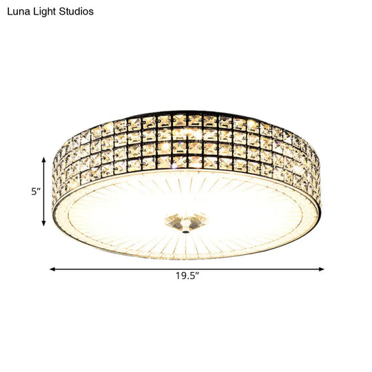 Modern Led Flush Mount Lamp With Clear Crystal Drum Shade - 16’/19.5’ Width Bedchamber Ceiling