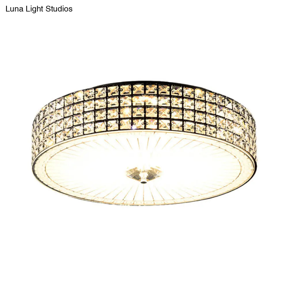 Modern Led Flush Mount Lamp With Clear Crystal Drum Shade - 16/19.5 Width Bedchamber Ceiling Light
