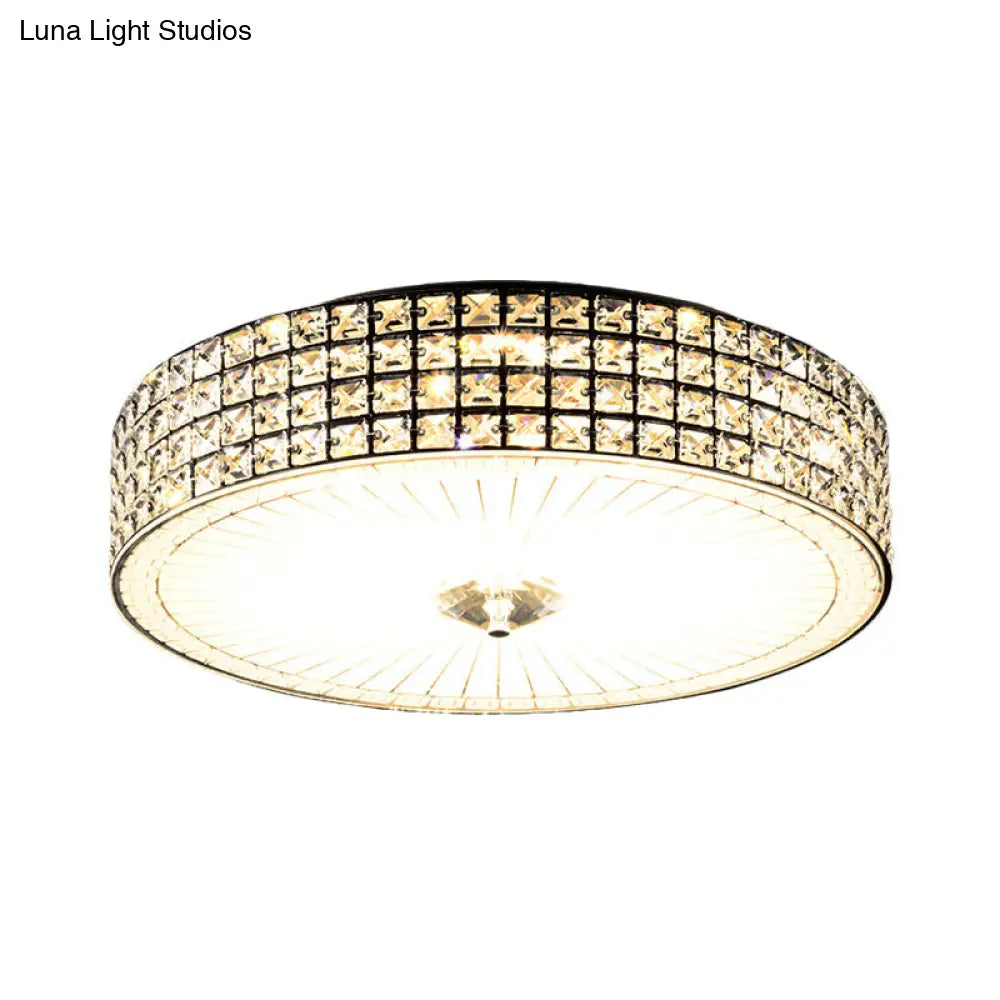 Modern Led Flush Mount Lamp With Clear Crystal Drum Shade - 16’/19.5’ Width Bedchamber Ceiling