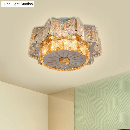 Modern Led Flush Mount Light Fixture With Clear Crystal Blocks In Nickel - Twelve-Pointed Star