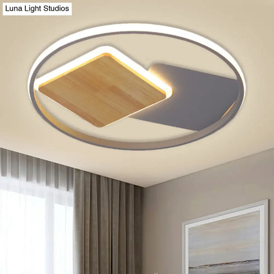 Modern Led Flush Mount Light - Grey Ring And Square Design With Metallic Shade 16/19.5 Width / 16