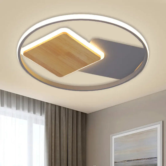 Modern Led Flush Mount Light - Grey Ring And Square Design With Metallic Shade 16’/19.5’ Width / 16’