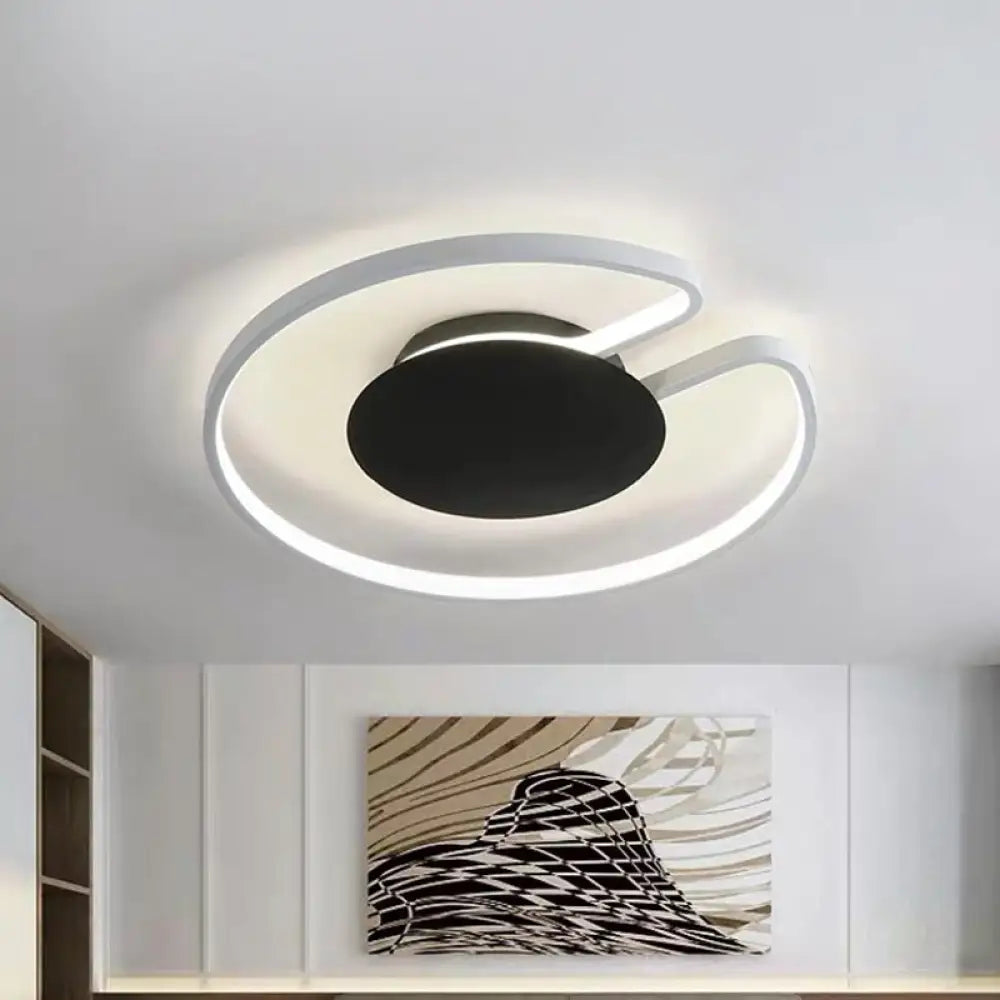 Modern Led Flush Mount Light Iron White And Black Inner Hoop Ceiling Lamp - 15’/19’ W Open