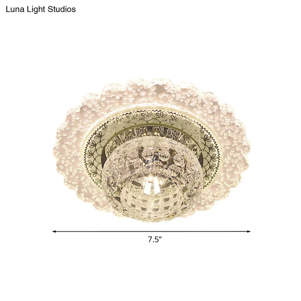 Modern Led Flush Mount Light With Clear Crystal Dome And Ruffle Edge In Warm/White For Corridors