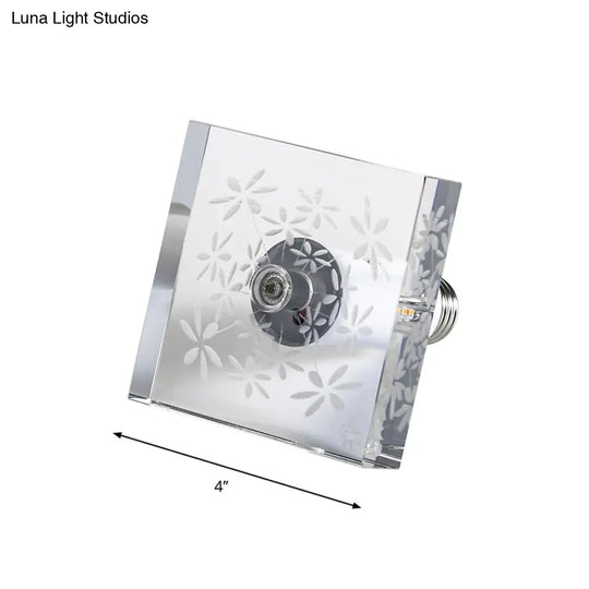 Modern Led Flush Mount With Clear Crystal Square And Carved Flower Design