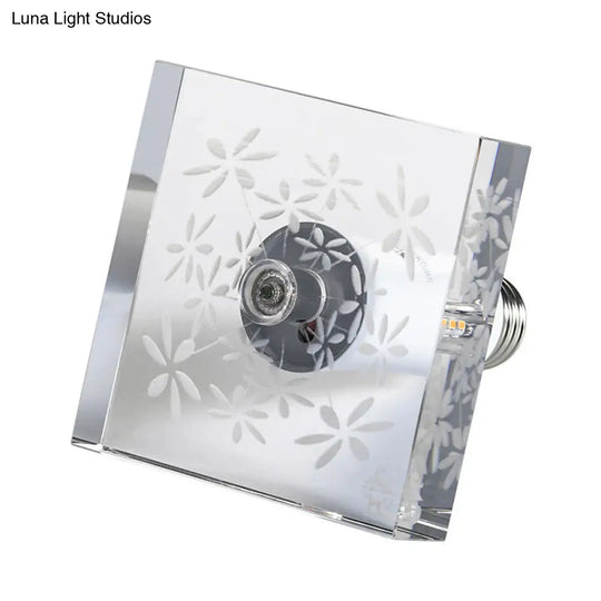 Modern Led Flush Mount With Clear Crystal Square And Carved Flower Design