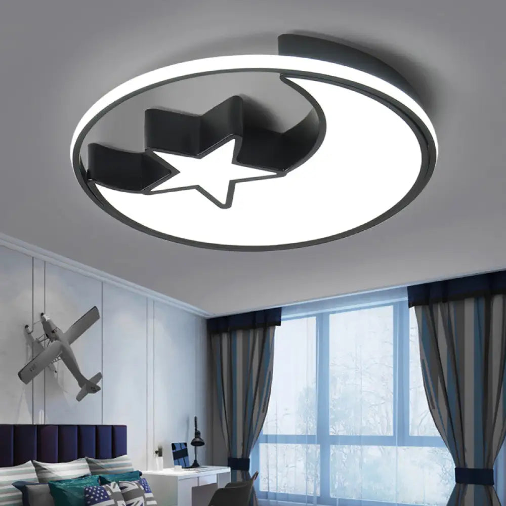 Modern Led Flush Mounted Lamp: Black Crescent And Star Ceiling Light With Acrylic Shade For Kids /