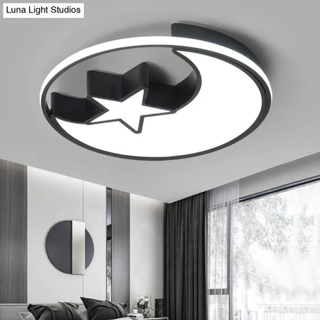 Modern Led Flush Mounted Lamp: Black Crescent And Star Ceiling Light With Acrylic Shade For Kids