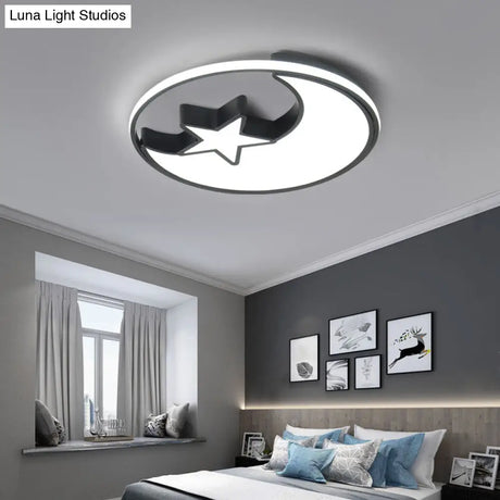 Modern Led Flush Mounted Lamp: Black Crescent And Star Ceiling Light With Acrylic Shade For Kids