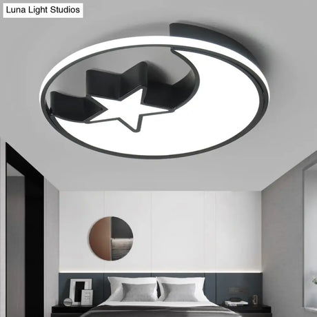Modern Led Flush Mounted Lamp: Black Crescent And Star Ceiling Light With Acrylic Shade For Kids