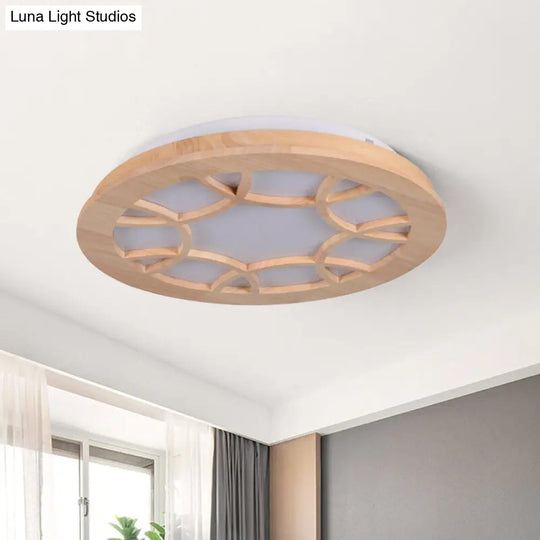 Modern Led Flush Wood Shade Ceiling Mount Lamp Kit In Beige Drum Design