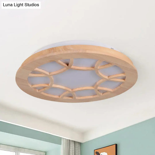 Modern Led Flush Wood Shade Ceiling Mount Lamp Kit In Beige Drum Design