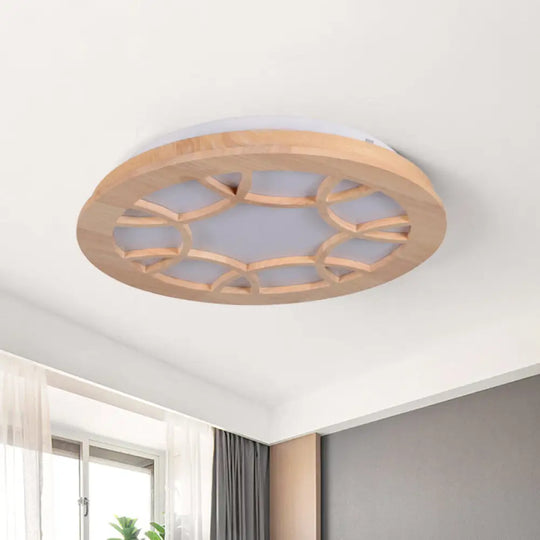 Modern Led Flush Wood Shade Ceiling Mount Lamp Kit In Beige Drum Design